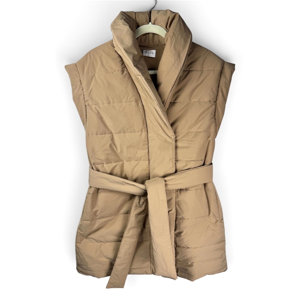 Fate Annie Puffer Wrap Vest With Tie Tan Belted, Shawl Collar Women Small